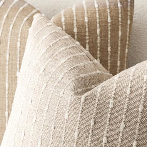 Image of Foindtower Pack of 2 Decorative Jacquard Boucle Throw Pillow Covers Accent Textured Striped Pillowcases Soft Boho Modern Cushion for Couch Sofa Bedroom Living Room Home Decor 20x20 Inch Natural Beige