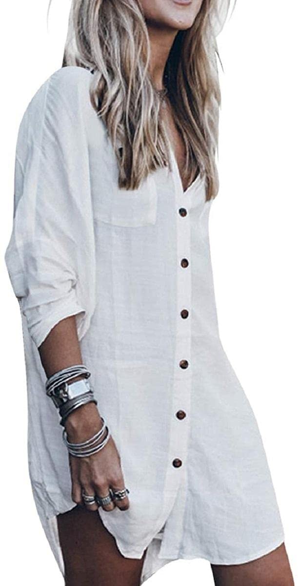 TBSCWYF Vestidos Verano para Mujer Botón de Bolsillo Camisa de Playa Manga Larga Casual de Color Sólido Camisa Suelto de Bikini Mujer Ropa de Baño Playa Traje de Baño Vestido de Bikini