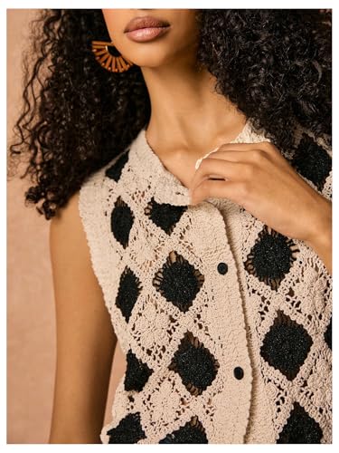 GORGLITTER Women's Crochet Vest Checkered Button Front Knit Boho Western Trendy 2025 Sweater Tank Top4