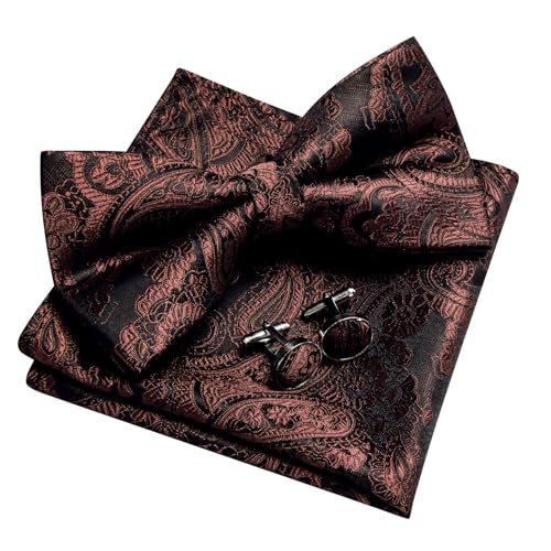 Image of YOHOWA Mens Bow Tie Set Paisley Pre-tied Bowties Adjustable with Handkerchief Cufflinks Gold Ring Set Wedding Prom Party