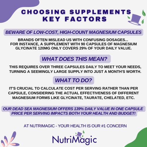 Pure High Absorption Magnesium Supplement 520Mg From The Dead Sea, Natural Vegan Complex, Supports Heart & Bone Health, Muscle Leg Cramps, Brain Health - 139% Daily Value, 2-Month Supply - 60 Capsules #TOP1
