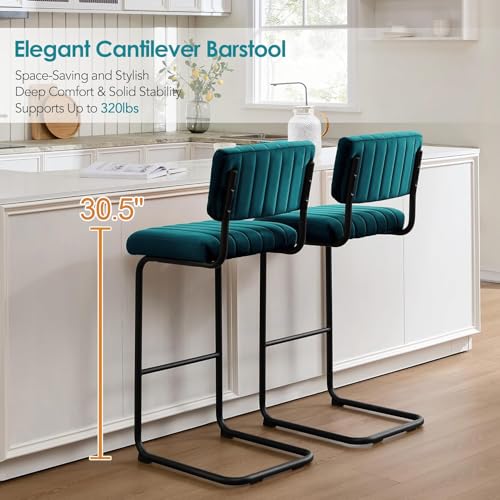Image of ONEVOG 30 Inch Seat Height Teal Bar Stools Set of 4, Mid-Century Modern Cantilever Bar Chairs for Counter Kitchen Islands, Upholstered Velvet Fabric Barstools with Back and Matte Metal Legs, Teal