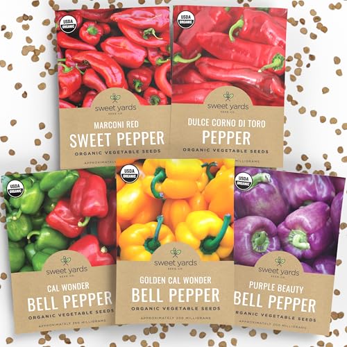 Organic Sweet Pepper Seeds Variety Pack - 5 Individual Packs - 2026 Season - Red, Yellow, Green and...