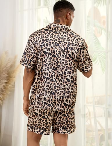 Image of SWOMOG Men Silk Pajama Set Short Sleeve Satin PJs Sets 2 Piece Button Down Sleepwear Soft Summer Loungewear with Pockets