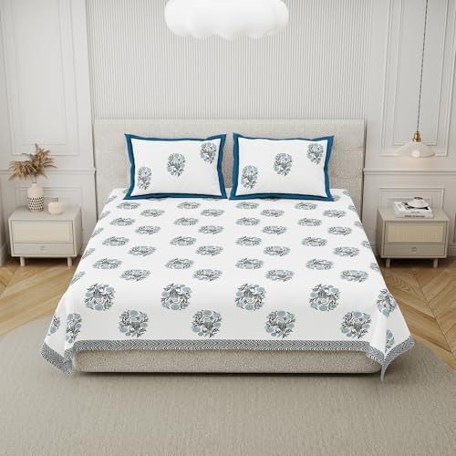 Image of DE CAMA Since 1997 | 100% Cotton 300 TC Premium King Size Bedsheet for Double Bed (90 x 108 Inch) with 2 Pillow Covers Set (17 x 27 Inch) Designer Printed Bedsheet Set - Birds of Wings Blue