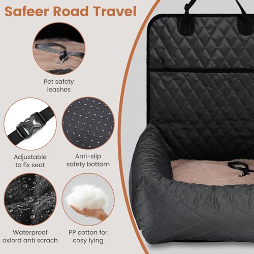Hundebett Autositzbezug Pet Car Booster Seat 2 in 1 Front Back Protector Pet Lookout Tragbarer Autositzabdeckung Hundetransport Vordersitz mit dickem Zwinger und Sicherheitsgurt (Schwarz, M)