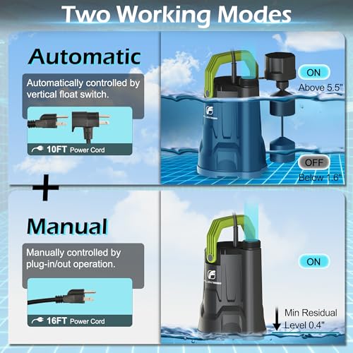 Image of Sump Pump, 3 /4HP 3000GPH Submersible Water Pump, Utility Pump with Vertical Float Switch for Swimming Pool Garden Pond Basement Draining, with 16.4Ft Cord, Adapters, Check Valve and Rop