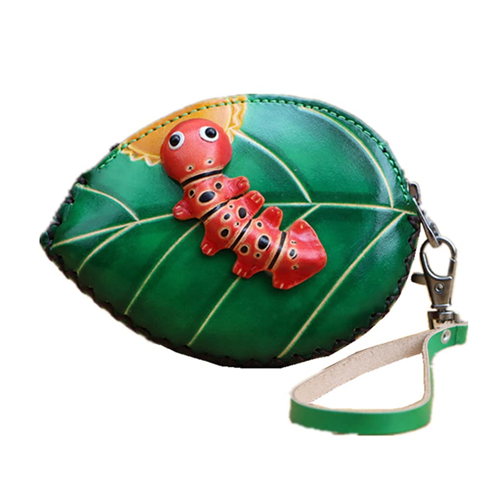 Ladies Tree Leaf Cowhide Coin Purse Can Hold Change Wristband Clutch Hand-Made Leather Zipper Key Case