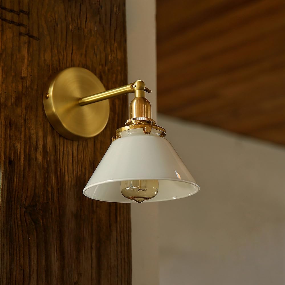 HPTHLY Brass Wall Sconce Lighting With Milk White Glass Lampshade, Elegantd Home Decor Wall Light Fixture Adjustable Cjapanese Style Brass Wall Sconces For C