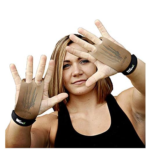 Bear KompleX 2 Hole Leather Hand Grips for Gymnastics & Crossfit, Pull-ups, Weight Lifting. WODs w, Wrist Straps. Comfort & Support- Hand Protection from Rips & Blisters. (Tan, Small)