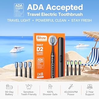 Bitvae ADA Accepted Electric Toothbrush, Travel Toothbrush Rechargeable for Adults and Kids, 60-Day Battery, 5 Modes, 8 Heads, Portable Travel Case & Holder, Shadow Black