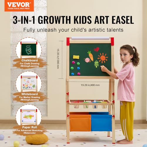 Image of VEVOR Art Easel for Kids, 3-in-1 Wooden Double-Sided Kid's Art Easel with Magnetic Whiteboard, Chalkboard, Paper Roll, Adjustable Standing Drawing Board with Painting Accessories, Storage for Boy Girl