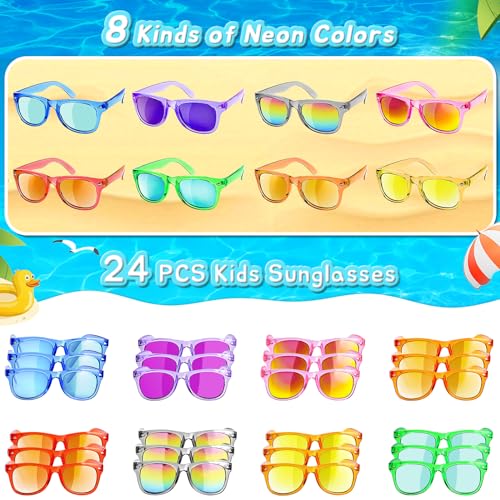 Kids Sunglasses Party Favors - Boys Girls Age 3-8 Birthday Goodie Bags Stuffers, Neon Sunglasses with UV 400 Protection for Kids Classroom Favors - 24 Packs