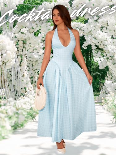 Image of ChiaoLezhee Deep V Neck Dress, Halter Maxi Dresses, Vacation Date Night, Sexy for Women Corset Flowy Wedding Guest Drop Waist