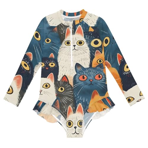 Girls One Piece Swimsuits Long Sleeve Swimsuit Zipper Bathing Suits Cats Oil Painting