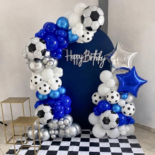 Image of Soccer Balloons, Metallic Blue Silver Balloons, Sport Theme Party Balloons