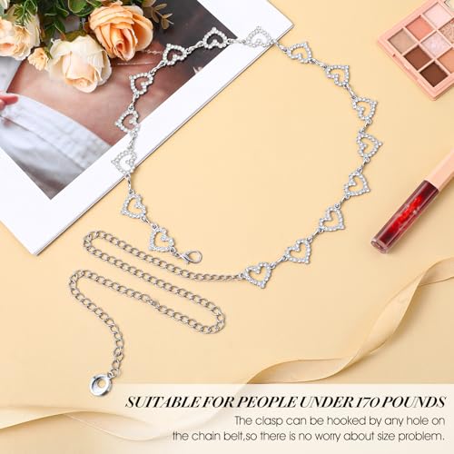 Adjustable Chain Belts for Women,Silver Belt Chain Rhinestone Heart Shaped Waist Necklace Suitable for Dresses Jeans Formal Wear Bridal Wedding2