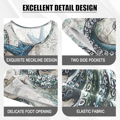 ALAZA Compass Octopus Kraken Starfish World Map Pajamas Set Short Sleeve Cotton Sleepwear Summer Pjs 2 Piece 5-14Y4