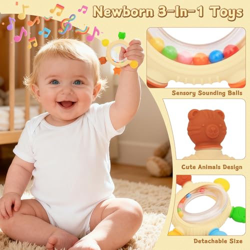 Baby Teething Rings Rattle Toys - BPA-Free Silicone Teether for 0-24 Months Infants & Toddlers, Safe Soft Chew Toys with Rattle Sound, Essential Teething Relief for Babies - image 3
