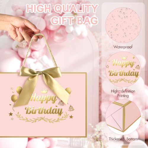 Image of JMANNI Pink Gold Happy Birthday Gift Bag with Card and Tissue Paper, 12.6 inchx8.66 inchx3.9 inch Elegant Present Bag for Men Women, Year Old Birthday Keepsake Party Supplies