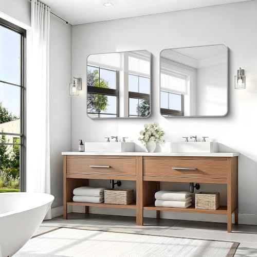 Image of KOCUUY Silver Bathroom Mirror, 30x30 Inch Bathroom Mirror for Over Sink, HD Tempered Glass, Anti-Rust Brushed Silver Frame, Rounded Corner Modern Design for Bathroom, Hang Horizontal /Vertical