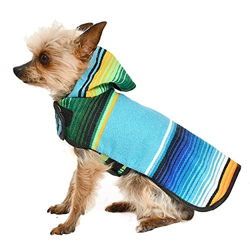 Dog Poncho Hoodie Mexican Hand Made with Authentic Serape Blanket Cinco de Mayo Costume Sweater Warm Soft and Comfortable (Blue, XX-Small)