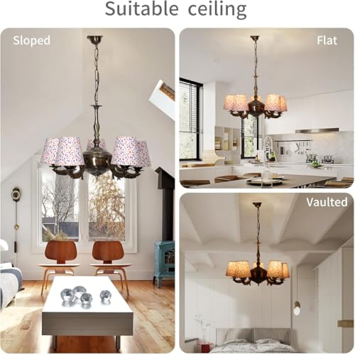 Image of Devansh 05-Light Printed Conical Multicolor Cotton Shade Chandelier - Antique Golden Finish | Adjustable Cord | Warm Glow Lamp - Ceiling Light for Living Room, Dining Area, BedroomDecor - D9