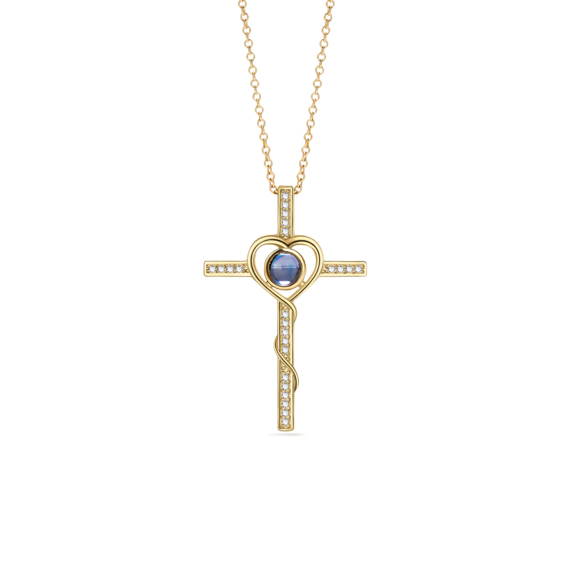 PERIMADE Collana con immagine personalizzata con proiezione di croce con ciondolo con foto commemorativa, testo personalizzato e amore in 100 lingue Collana con ciondolo a forma di cuore in argento