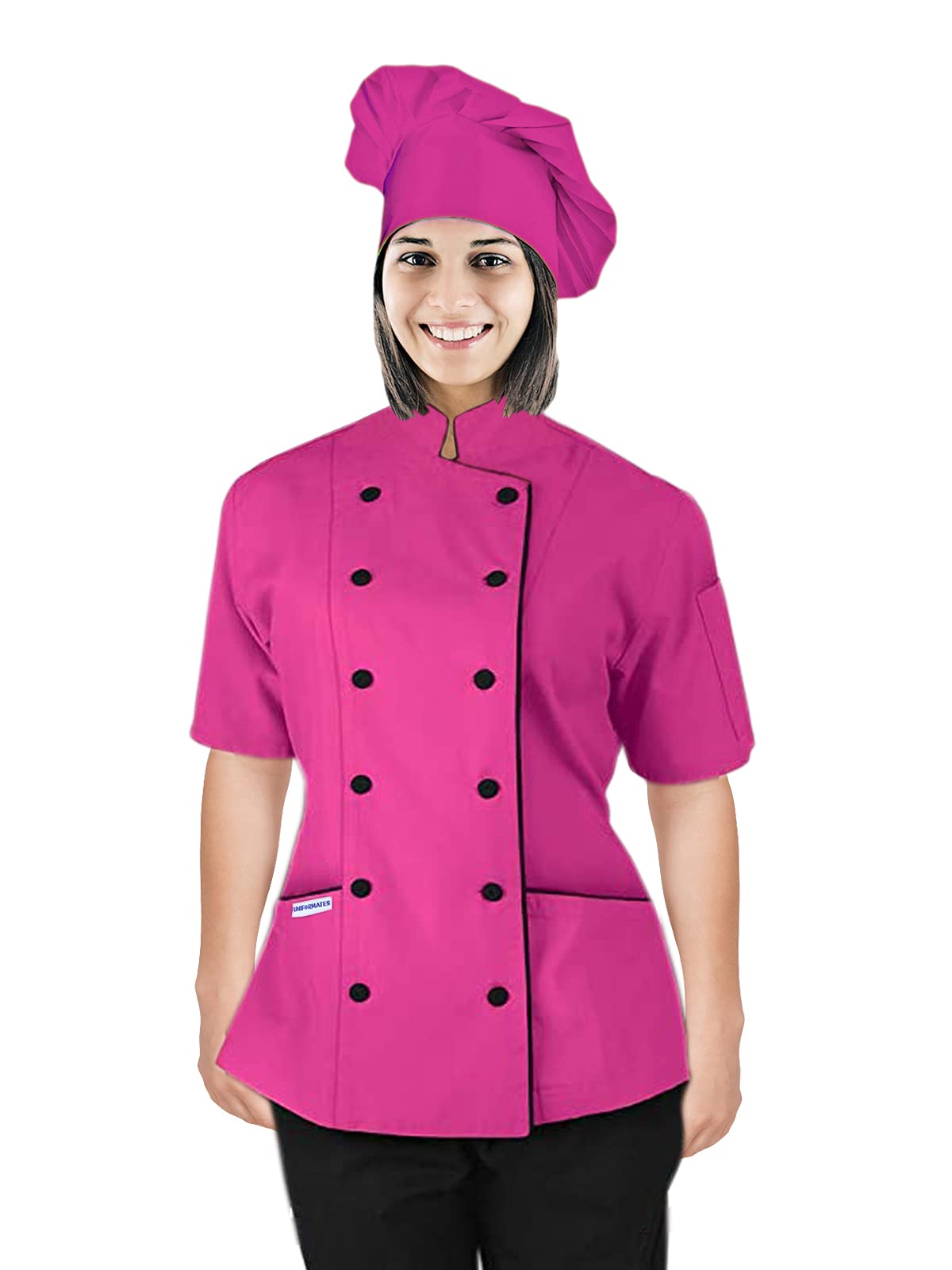 Short Sleeves Chef Coat Jacket Uniform with Chef Hat for Women for Food Service, Caterers, Bakers and Culinary Professional (Pink, Medium)