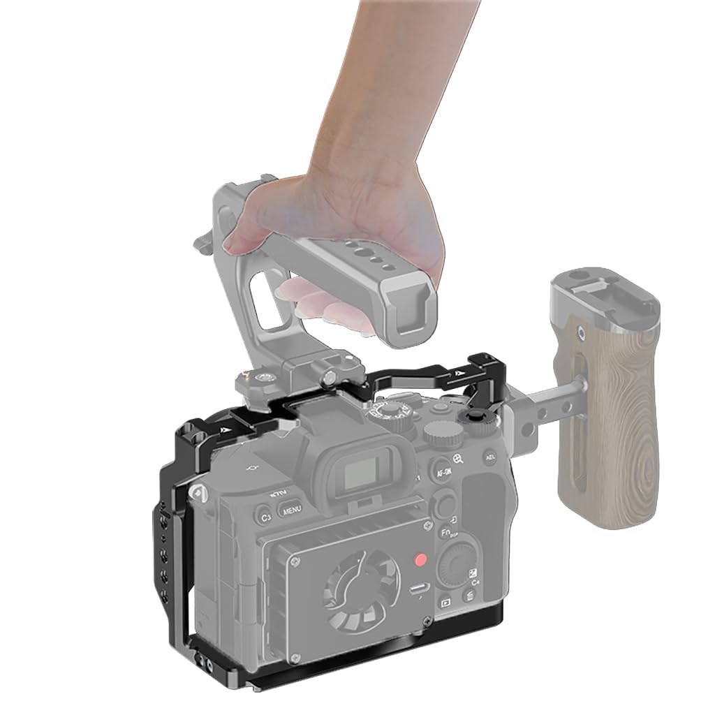 BGNing A7M4 Camera Cage for Mount Tripod Monitor Expansion Frame with Cold Shoe 1/4'' 3/8'' Arri Hole for Sony A7R5 Camera Rig Accessories (Black Cage)