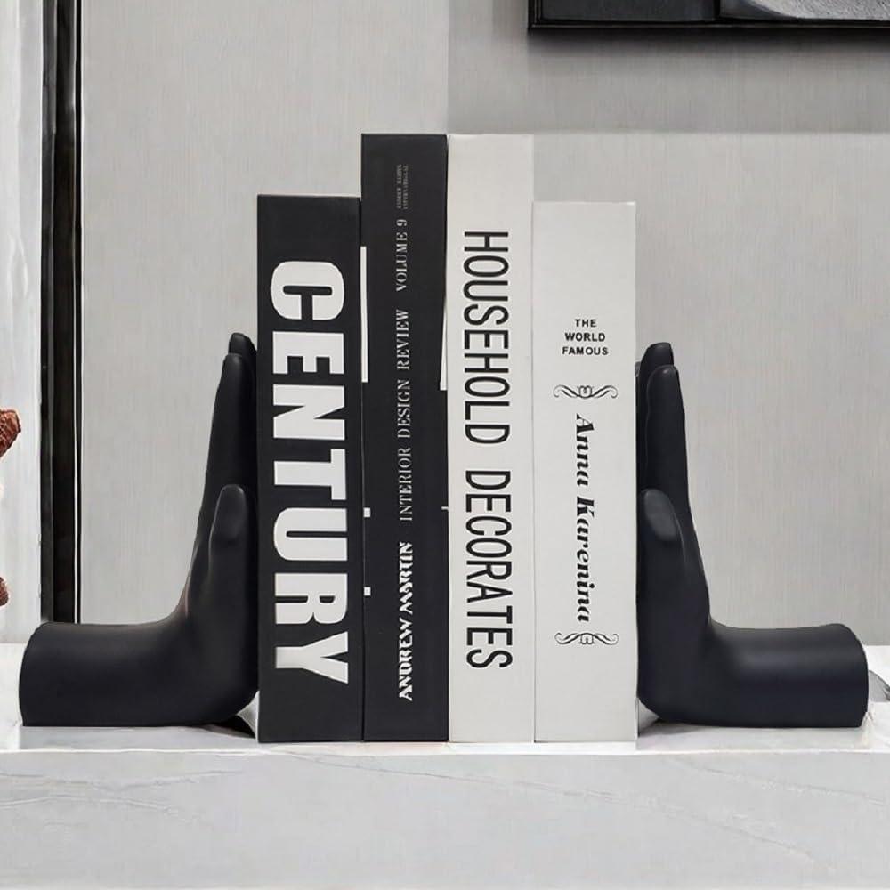jinhuoba Decorative Bookends Hands Book Ends, Black Heavy Book Holder Ends for Shelves, Novelty Heavy Duty Book Ends for Shelves Office Home Desk Bookshelf, 8.5"(L) x 3.5"(W) x 6.8"(H), Resin