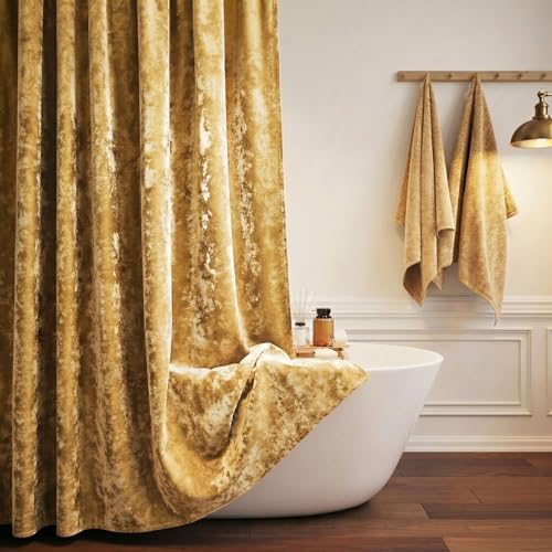 TAMGHO Mustard Gold Shower Curtain for Bathroom Crushed Velvet Dark Mustard Yellow Shower Curtain with Gold Decro Metal Hooks Machine Washable Thick Fabric 72 x 72 inches