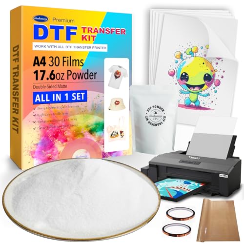 Premium DTF Transfers Film for T-Shirts & Apparel with 17.6oz Transfer Powder & 30pcs A4 Transfer Paper, Eco-Friendly Materials Vivid Color, For Any Sublimation Printer, Ideas on T-shirts, Starter Kit