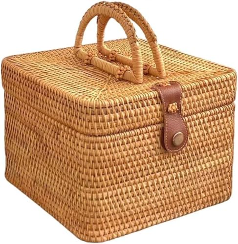 Xiraivkeラタンかごバスケット 籐 ピクニック バスケット 英国風 ふた付き 四角 ベトナム カゴ アタバッグ ラタンバスケット かご 蓋付き バスケット 収納 ラタン おしゃれ ラタンアタかご シンプル 手作りサークル