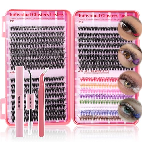 Lash Clusters Kit DIY Lash Extension Kit Colored Cluster Lashes Eyelash Extension Kit Individual Lashes with Lash Bond and Seal Lash Tweezers Natural Look RITALASH(30D+40D+50D+40D Colored Kit 9-16mm)