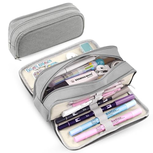 Image of Large Capacity Pencil Case Pencil Pouch Pen Bag with 3 Compartment Stationery Organizer with Zipper, School Supplies Organizer for Teen Adults (Grey)