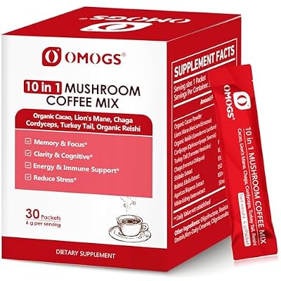 OMOGS Mushroom Coffee, 10 in 1 Extract Powder Blend Lion's Mane, Reishi, Cordyceps, Chaga, Turkey Tail, Instant Coffee-for Energy, Focus, Memory, Digestion & Immunity, 30 Serving