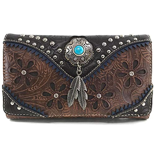 Zelris Floral Western Pu Tooled Leather Turquoise Concho Feathers Crossbody Trifold Wallet
