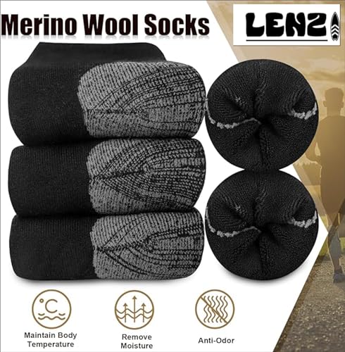 LENZI - Socks - 2 Pairs Crew Merino Wool Hiking Socks - Thermal Cushioned Footbed - Moisture-wicking Warm Winter Boot Socks for Men and Women Itch-free Elastic Fit2