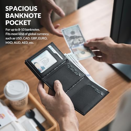 Image of VULKIT Card Holder Wallet with Coin Pocket Magnetic Closure Pop Up Cards With ID Window Leather Wallet for Cash & Credit Cards, Grain Black, One Size, Contemporary