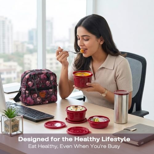 Image of CELLO Bella Lunch Box with Bag for Office Use, Maroon | 225ml, 375ml, 550ml Microwave & Oven Safe Containers with 500ml Tumbler, Airtight Snap Lock Leak Proof Insulated Tiffin Box for College & Travel