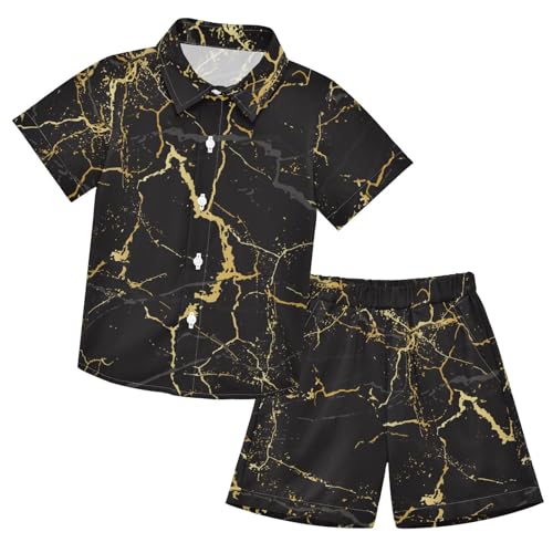 Image of Sunflower Floral Yellow Black Short Sleeve Hawaiian Button Down Shirts and Short Sets for Boys Toddler Summer Outfits