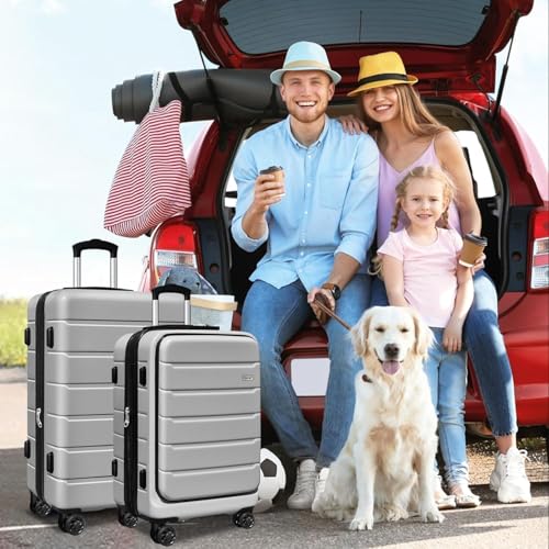 SmileLine 3-Piece Luggage Set Lightweight Hardside Suitcase TSA Lock Spinner Wheels, 20" Expandable Carry-On Luggage with Quick Access Front Open Pocket, Bonus Makeup Bag, 20/24/28 inch, Silver2