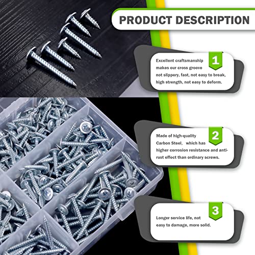 Keadic 340 Pcs #8 Zinc Plated Truss Head Wood Self-Tapping Screw Assortment Set, [1-1/2” To 1/2”] 6 Sizes Alloy Phillips Drive Steel Sheet Metal Screw Self-Drilling Drywall Screw #TOP4