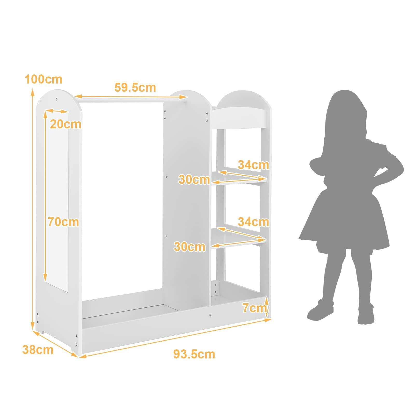 FANTASK Holz-Kinderkleiderschrank 93,5 x 38 x 100 cm,Prinzessinen-Garderobe mit Spiegel & Kleiderbügel & 4 Regalen,weißer Kinderkleiderschrank, Weiß