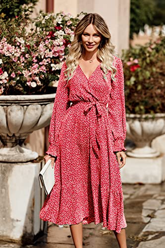Image of PRETTYGARDEN Women's Floral Boho Dress Fall Long Sleeve Wrap V Neck Ruffle Flowy Maxi Spring Wedding Guest Vacation Dresses
