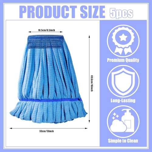 Image of 5 Pcs Commercial Mop Heads, Blue, Polyester, Floor, Medium Weight, Loop Ends, High Absorption, Universal Use
