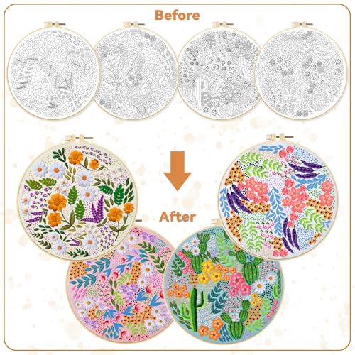 Image of BEUNITONE 4 Set Covered Flower Embroidery Kit for Beginners 7.9 inchx7.9 inch