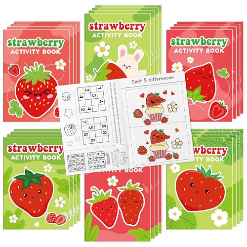 Strawberry Activity Books for Kids - 24Pcs Strawberry Mini Games Coloring Book Set Bulk Fruits Patterns Mazes Word Search Word Scramble Games for Classroom DIY Art Gifts Birthday Sweet Party Favors
