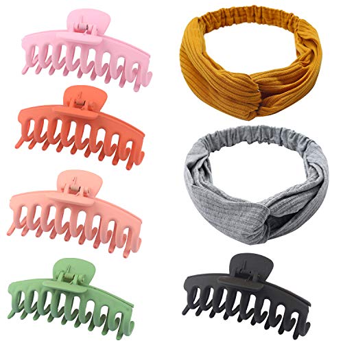 GIHENHAO 5 Pack Banana claws Big Hair Claw Clips 4 Inch Nonslip Large Claw Clips for Women and Girls,2 Headbands and 5 Color Available